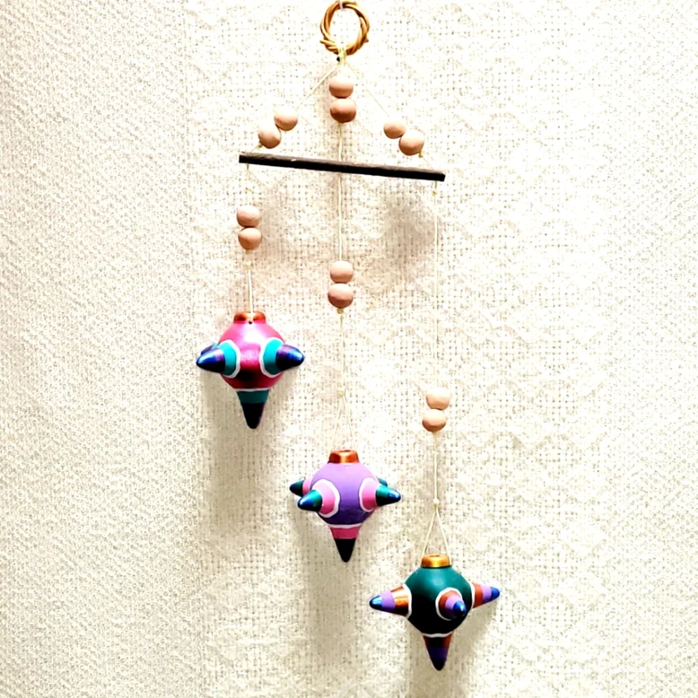 Folkart Mobile, 3 Metallic Painted Clay Piñatas, Mexican Hanging Decorat…